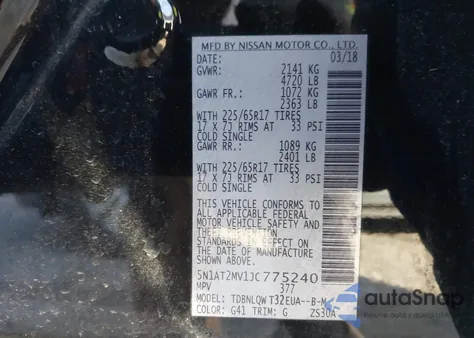 2018 Nissan Rogue Sv z USA, uszkodzony, nr VIN 5N1AT2MV1JC775240